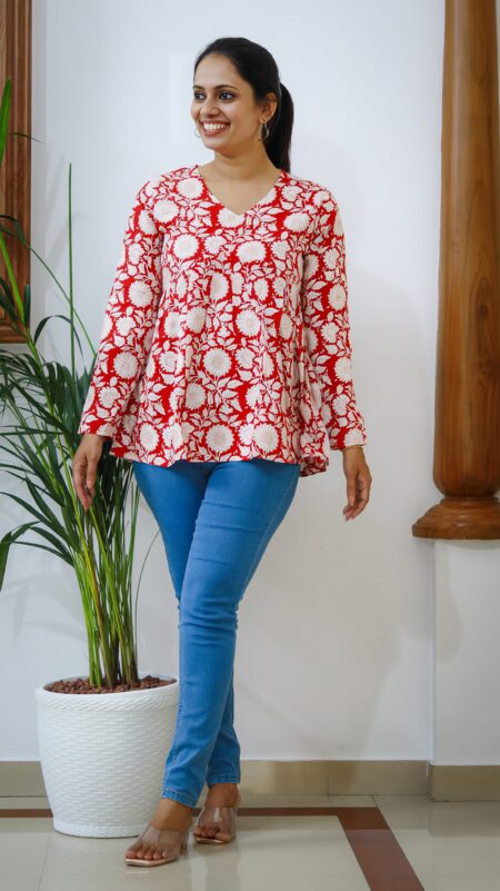 Red Floral Print Cotton Peplum Top