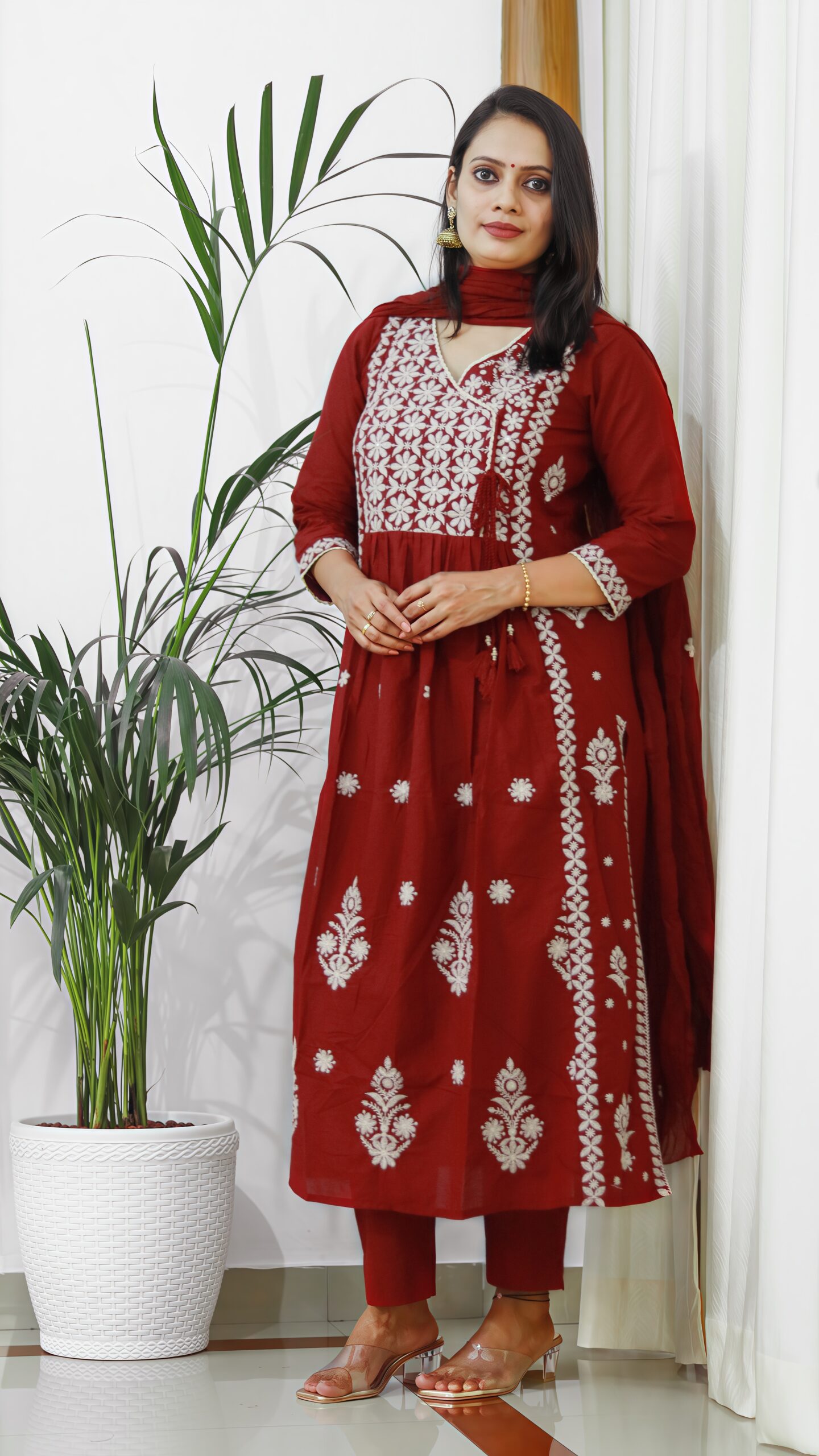 Aarvi Maroon Embroidered Cotton 3-Piece Suit - Image 3