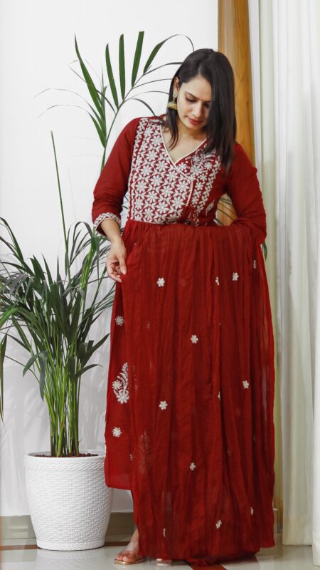 Aarvi Maroon Embroidered Cotton 3-Piece Suit