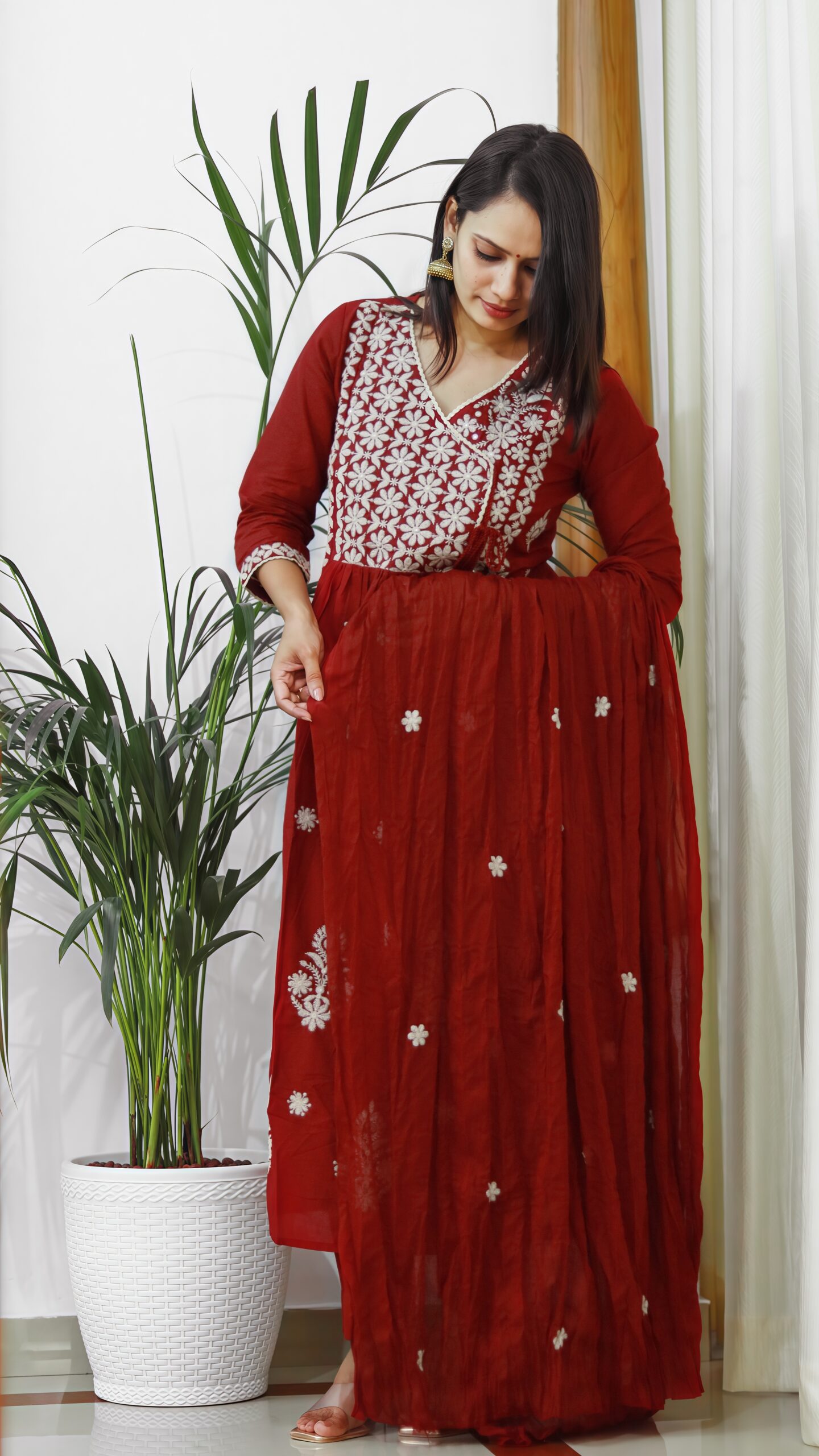 Aarvi Maroon Embroidered Cotton 3-Piece Suit