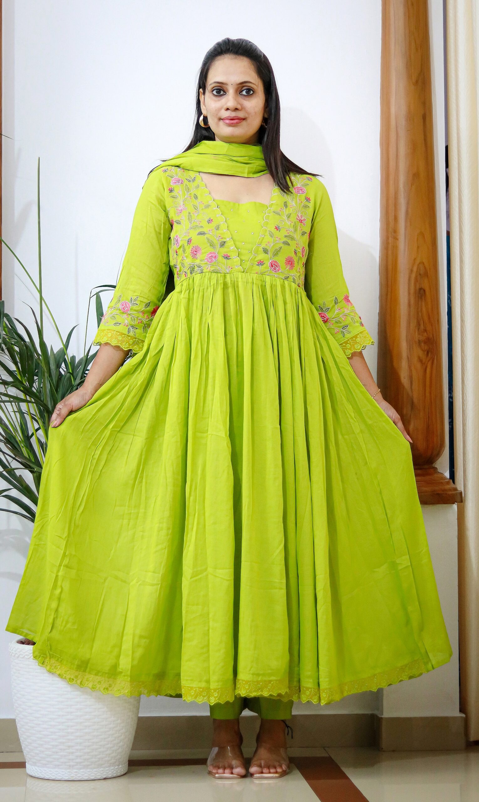 Naira Orange and Naira Green Bloom Set – Embroidered Mulmul 3-Piece Suit - Image 5