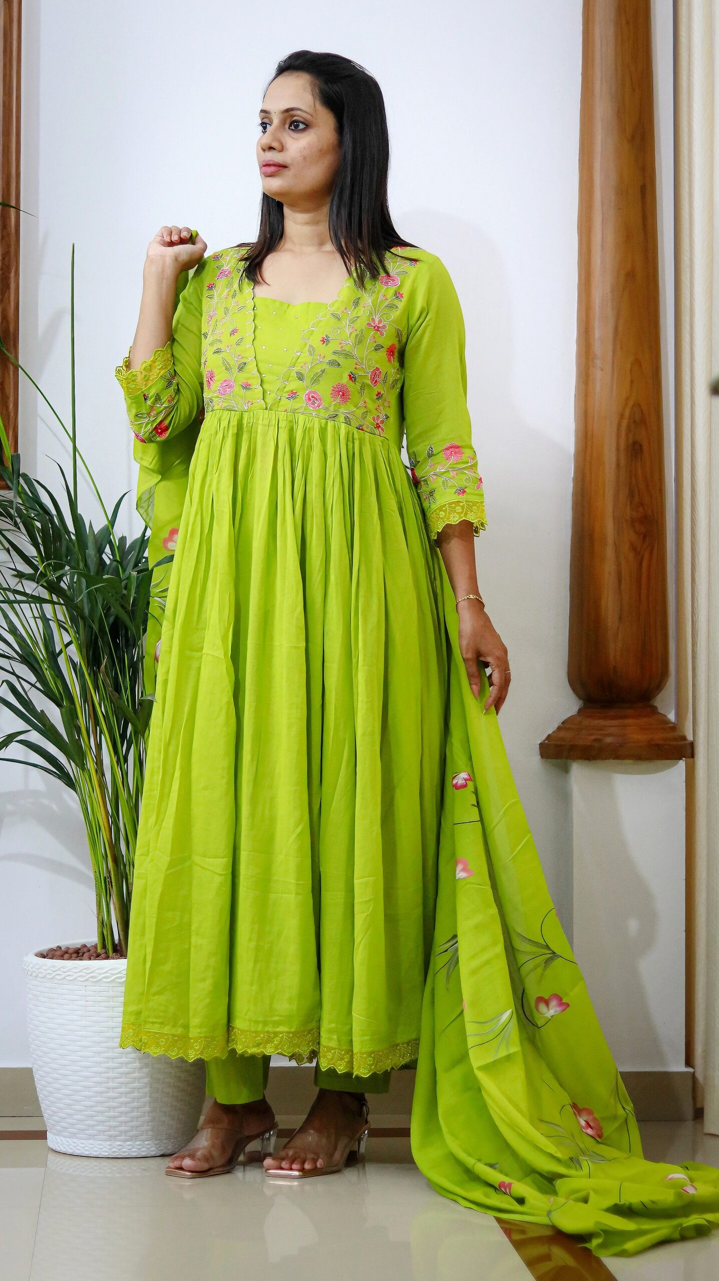 Naira Orange and Naira Green Bloom Set – Embroidered Mulmul 3-Piece Suit - Image 6