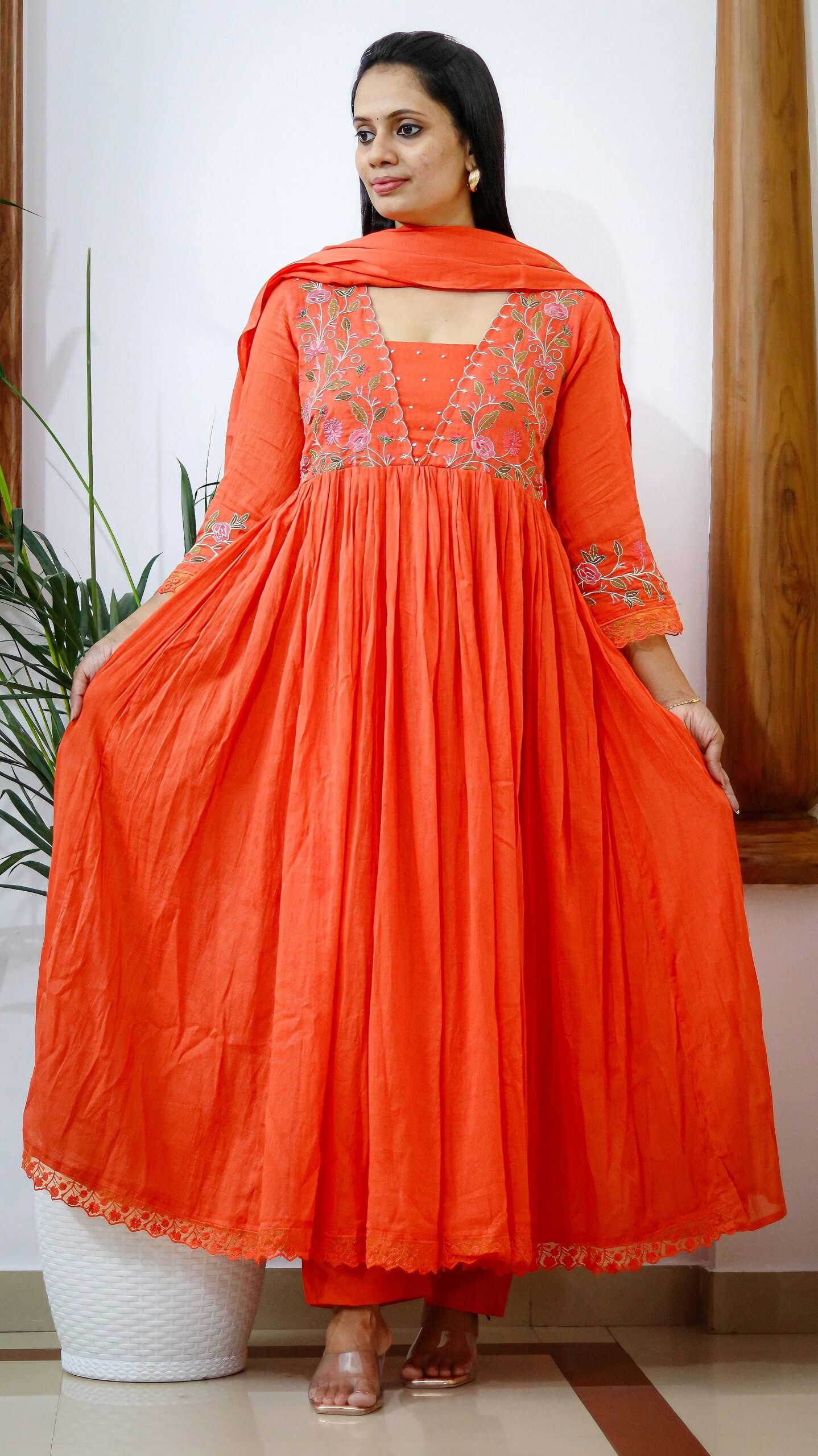 Naira Orange and Naira Green Bloom Set – Embroidered Mulmul 3-Piece Suit