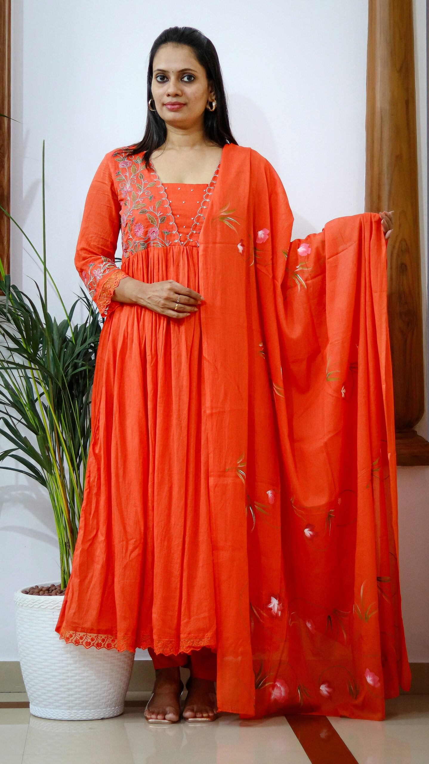 Naira Orange and Naira Green Bloom Set – Embroidered Mulmul 3-Piece Suit - Image 2