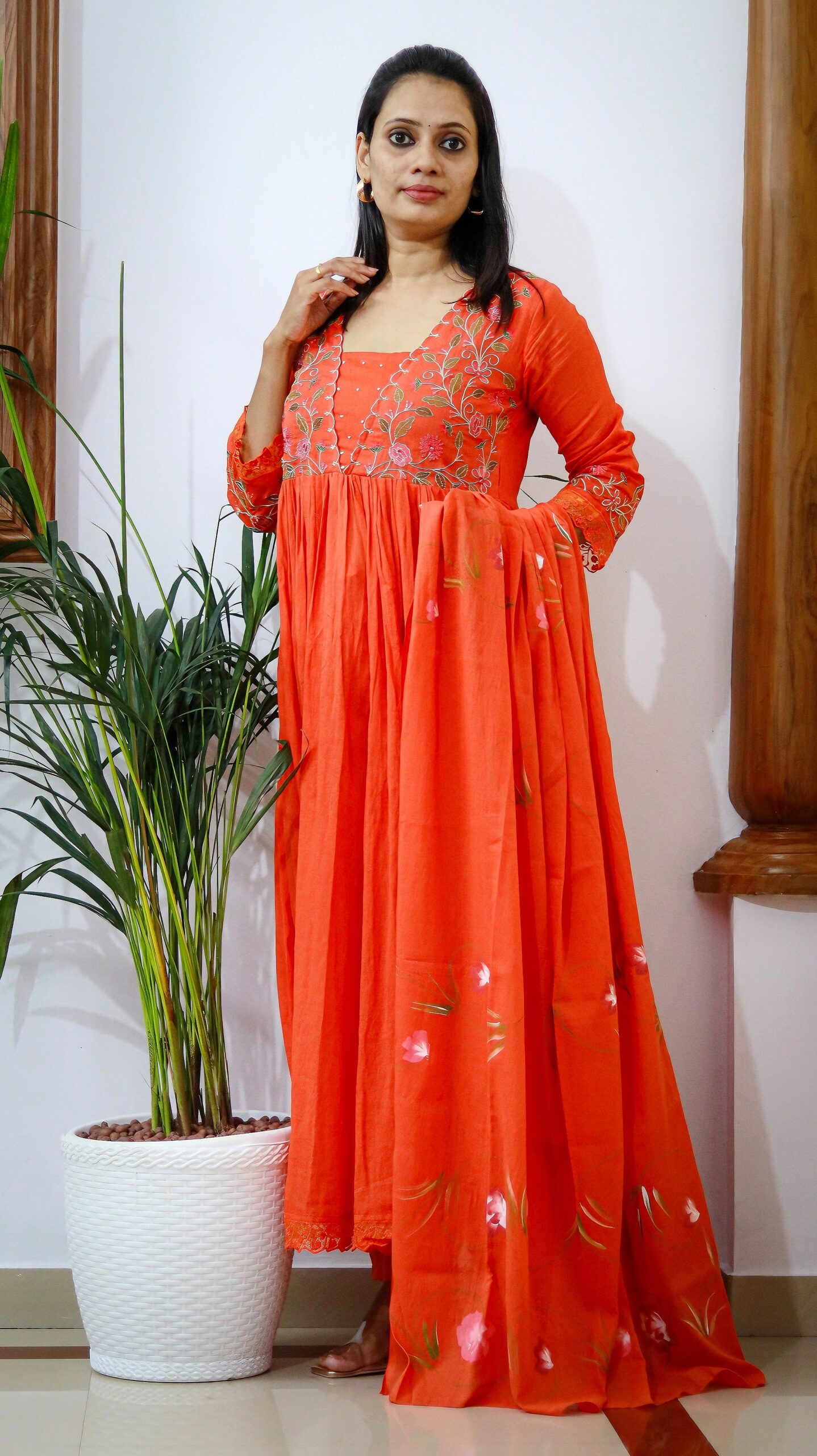 Naira Orange and Naira Green Bloom Set – Embroidered Mulmul 3-Piece Suit - Image 3