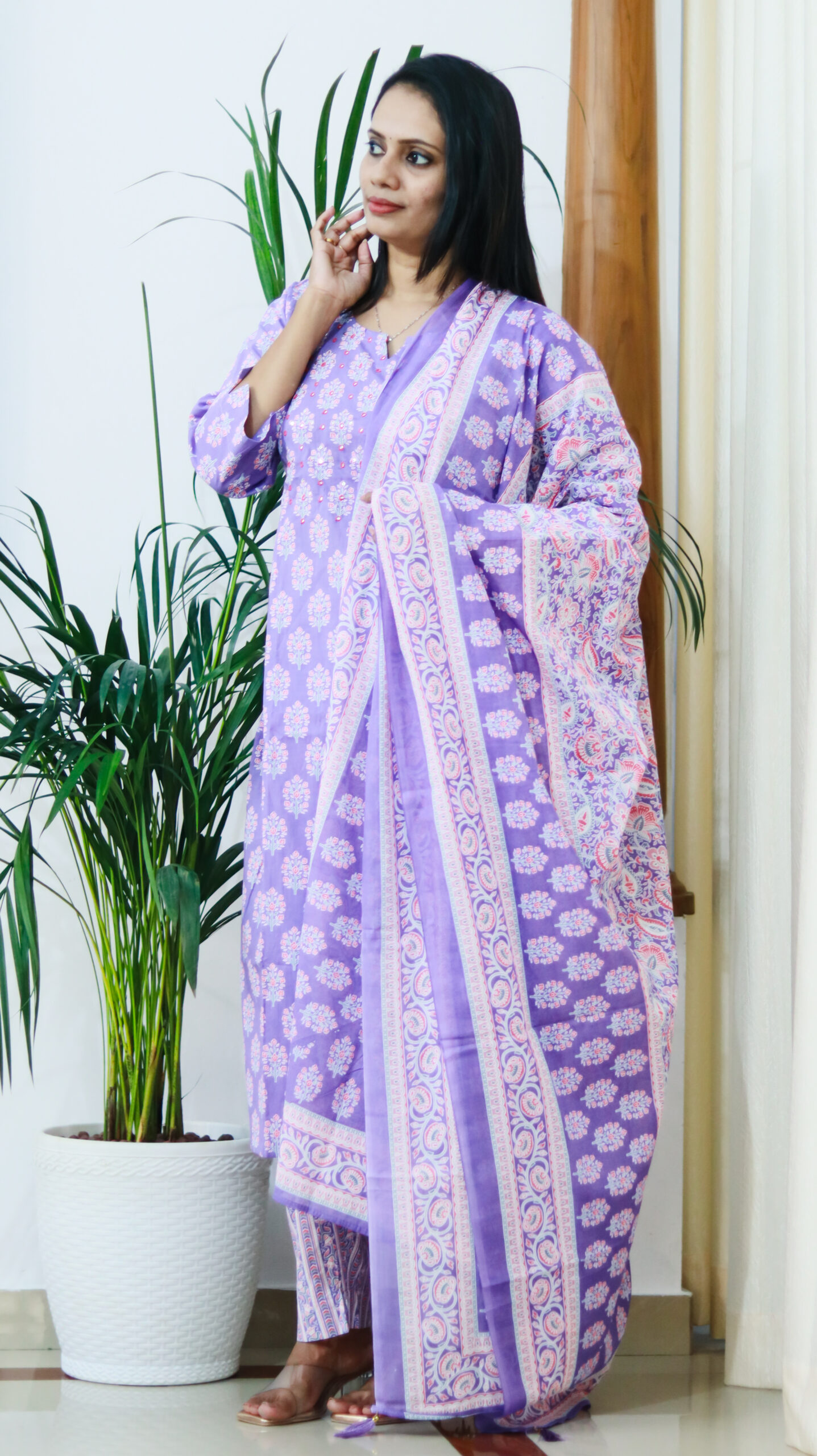 Lavender Bloom – Cotton Printed Straight Kurta Pant Set with Dupatta - Image 3