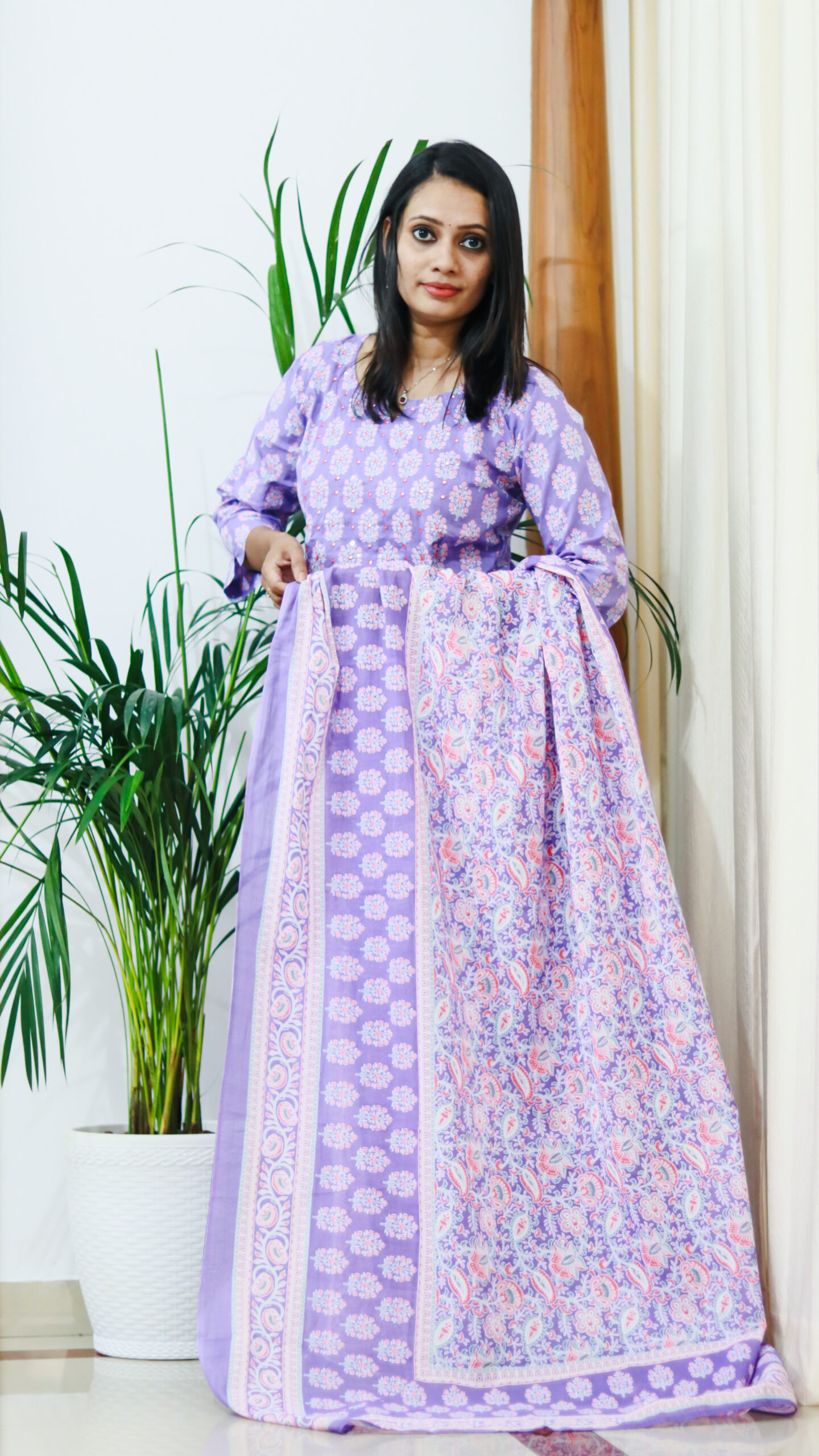 Lavender Bloom – Cotton Printed Straight Kurta Pant Set with Dupatta