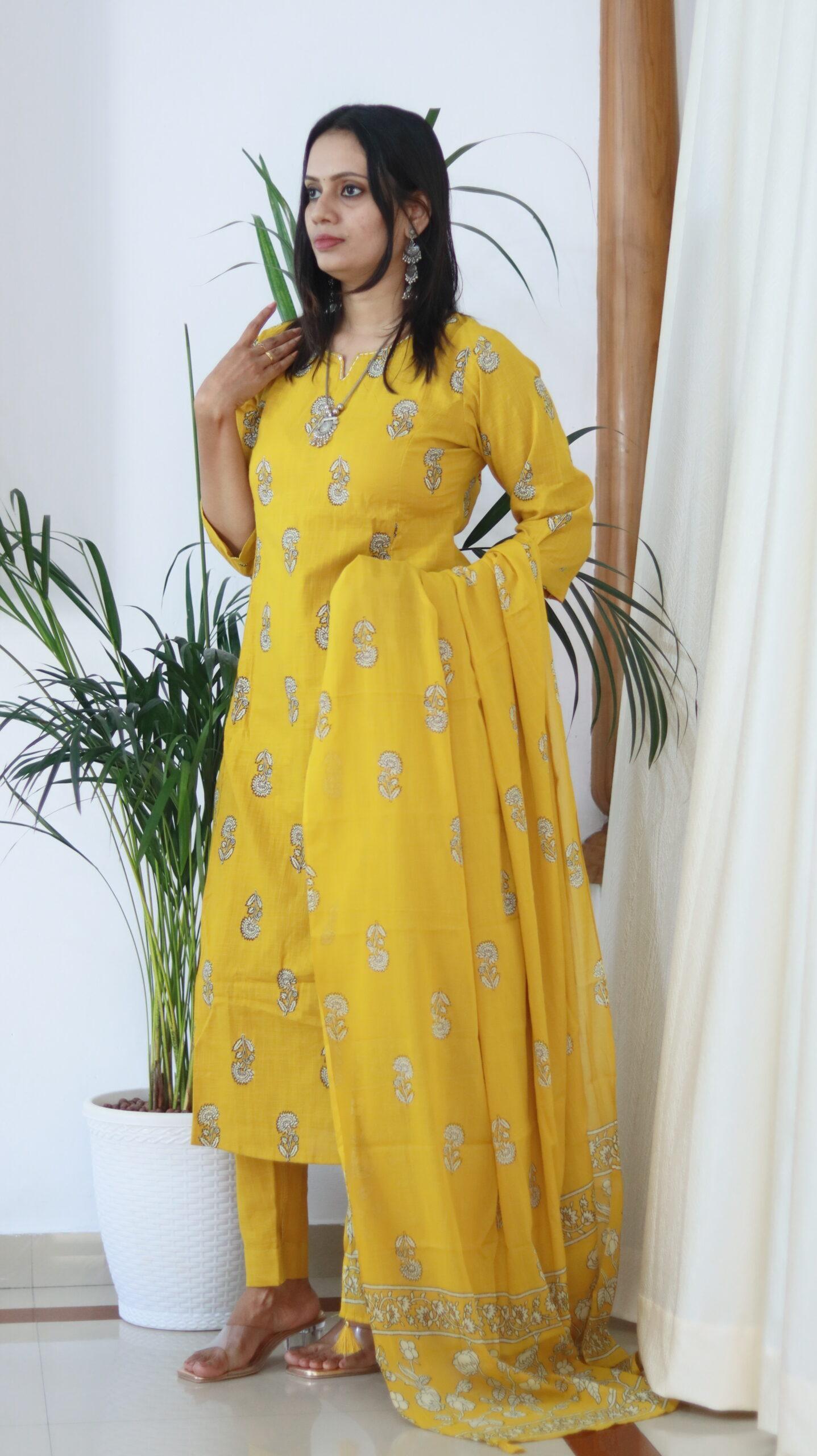 Sunshine Elegance –Yellow Slub Cotton A-Line Kurta Pant Set with Dupatta - Image 2