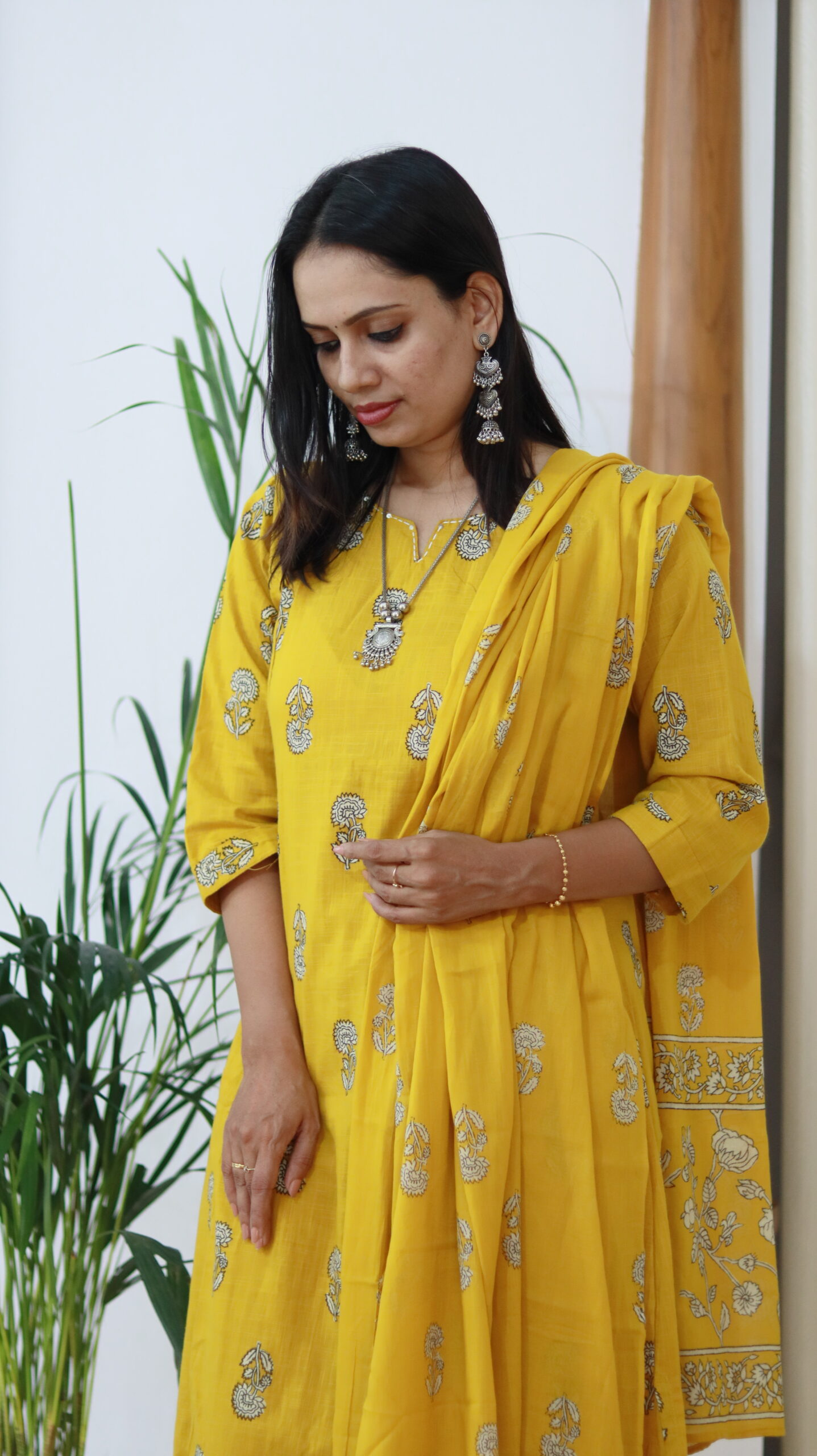 Sunshine Elegance –Yellow Slub Cotton A-Line Kurta Pant Set with Dupatta - Image 3