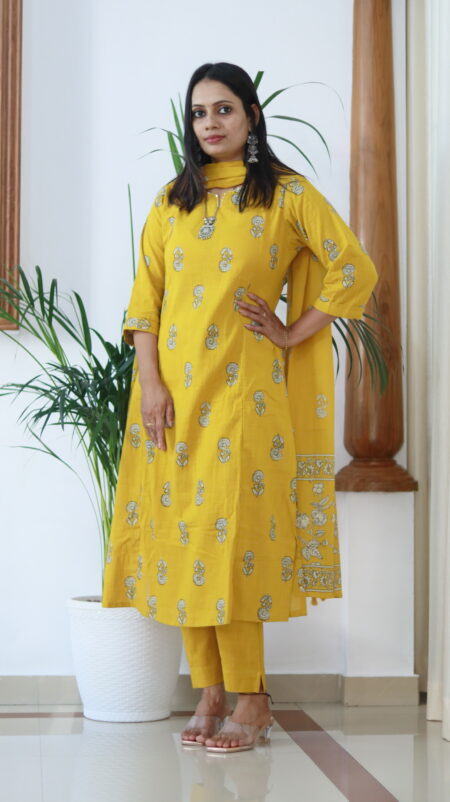 Sunshine Elegance –Yellow Slub Cotton A-Line Kurta Pant Set with Dupatta