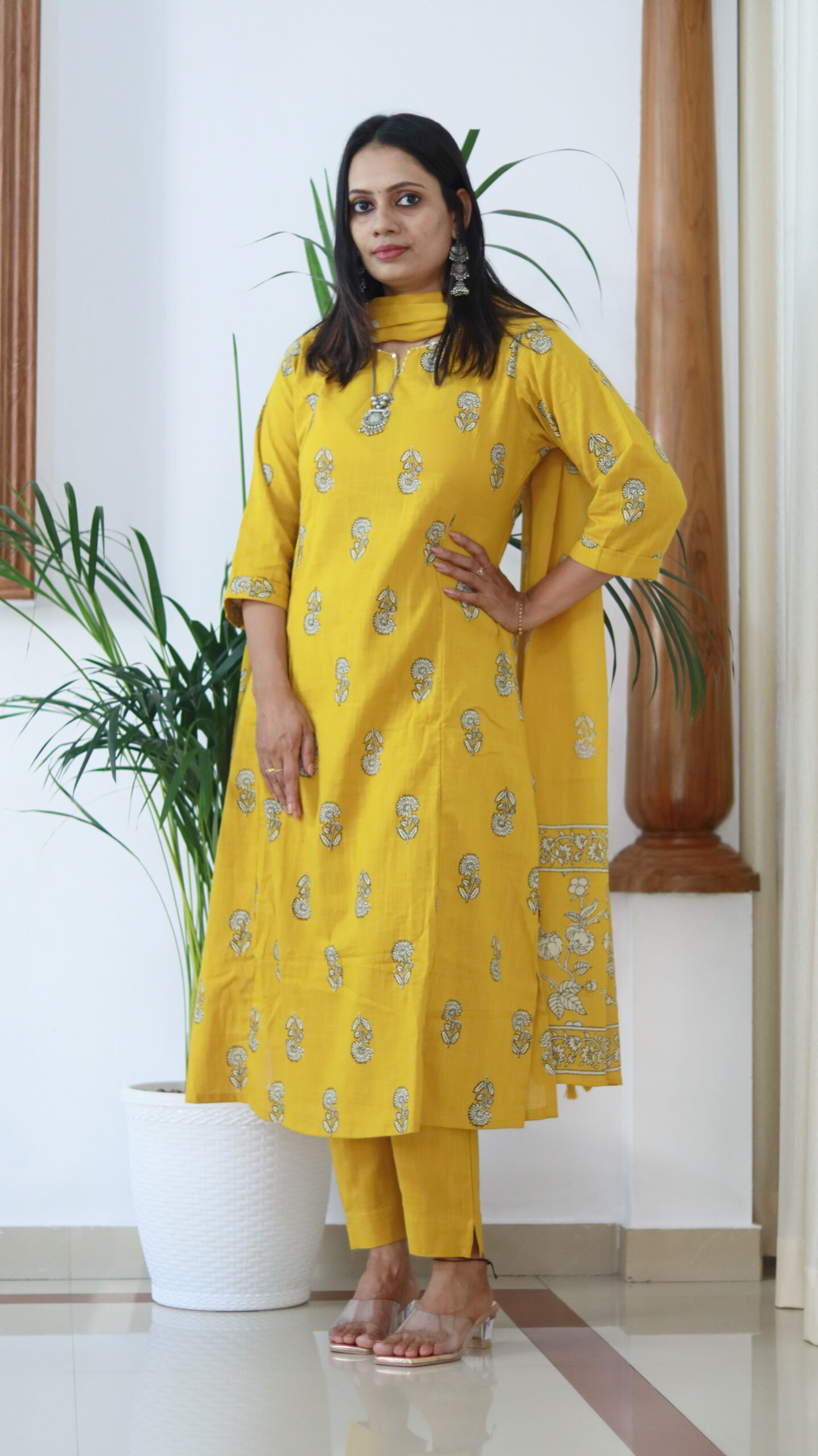 Sunshine Elegance –Yellow Slub Cotton A-Line Kurta Pant Set with Dupatta