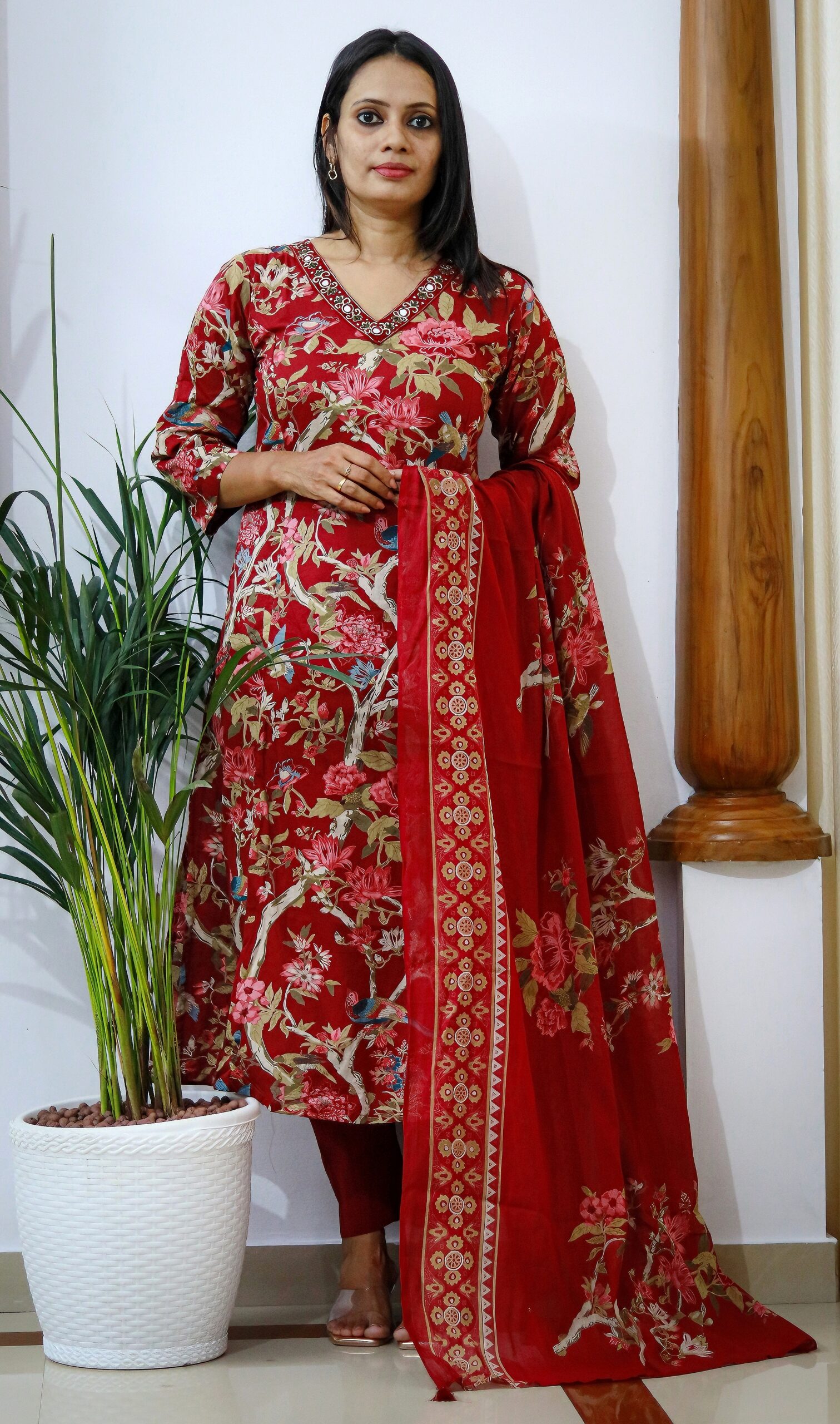 Maroon Majesty – Cotton Printed Straight Kurta Pant Set with Dupatta - Image 2