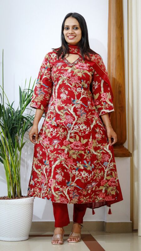 Maroon Majesty – Cotton Printed Straight Kurta Pant Set with Dupatta