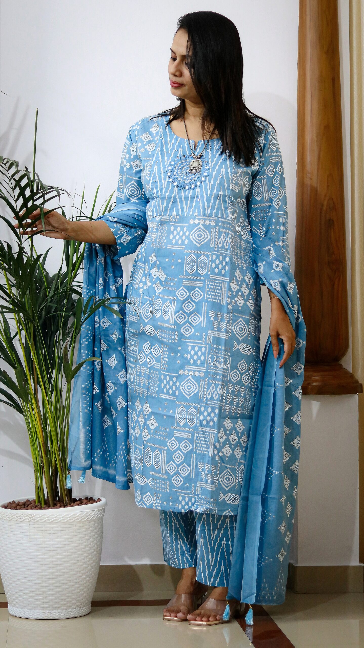 Sky Aura – Blue Cotton Printed Straight Kurta Pant Set with Dupatta - Image 2