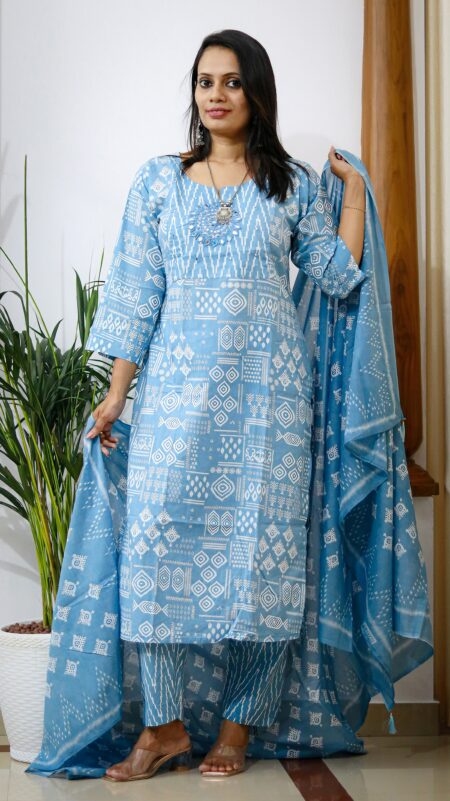 Sky Aura – Blue Cotton Printed Straight Kurta Pant Set with Dupatta