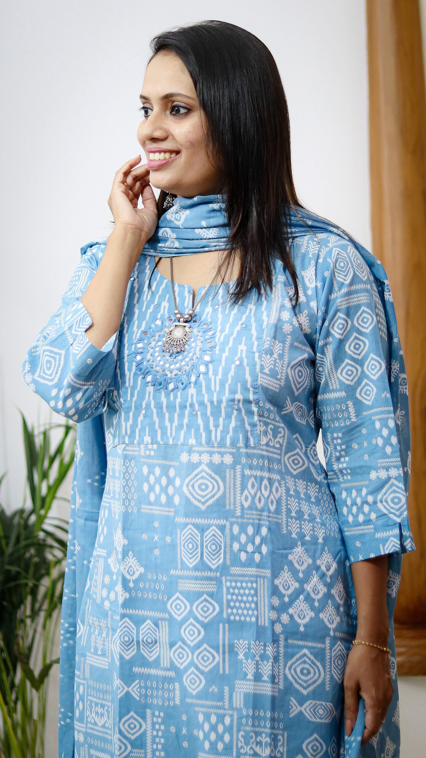 Sky Aura – Blue Cotton Printed Straight Kurta Pant Set with Dupatta - Image 3