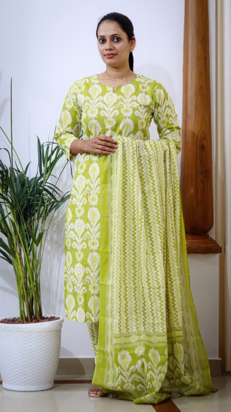 Lime Glow – Green Cotton Printed Straight Kurta Pant Set with Dupatta