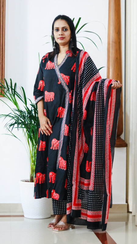 Black Cotton Elephant Print Kurta Set with Dupatta