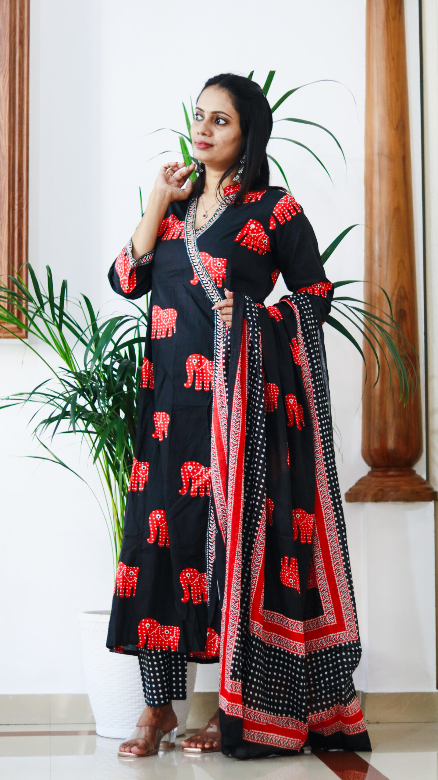 Black Cotton Elephant Print Kurta Set with Dupatta - Image 2