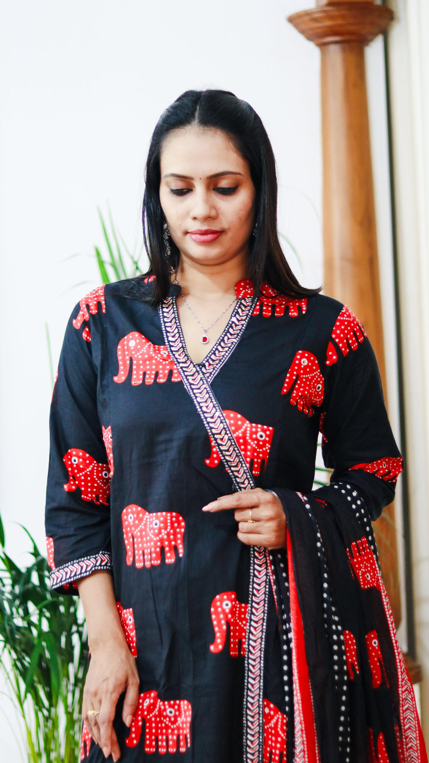 Black Cotton Elephant Print Kurta Set with Dupatta - Image 3