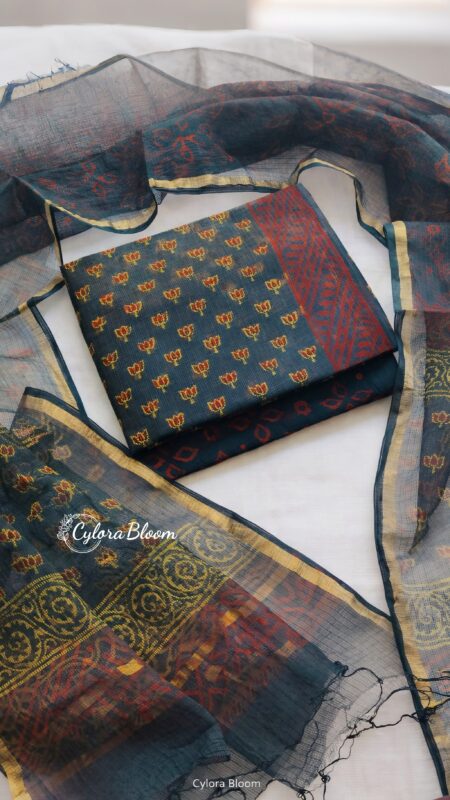 Bottle Green Lotus Hand Block Printed Kota Doria Suit