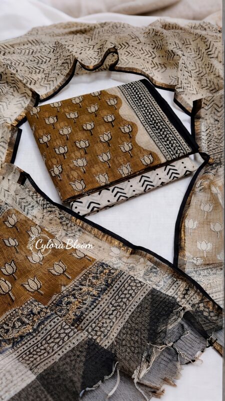 Vintage Mustard Lotus Hand Block Printed Kota Doria Suit