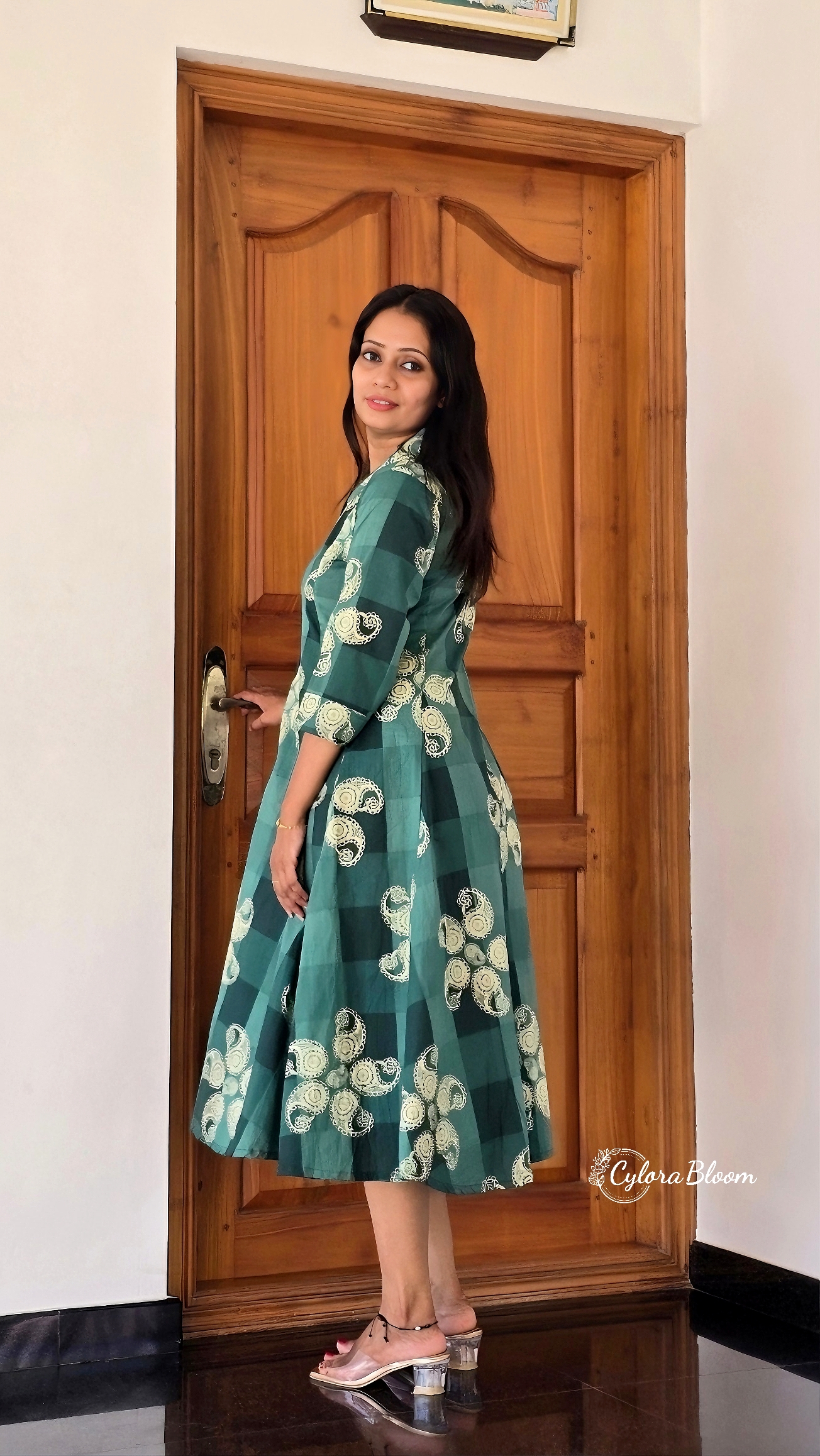 Green Printed Flared Cotton Kurti - Image 3