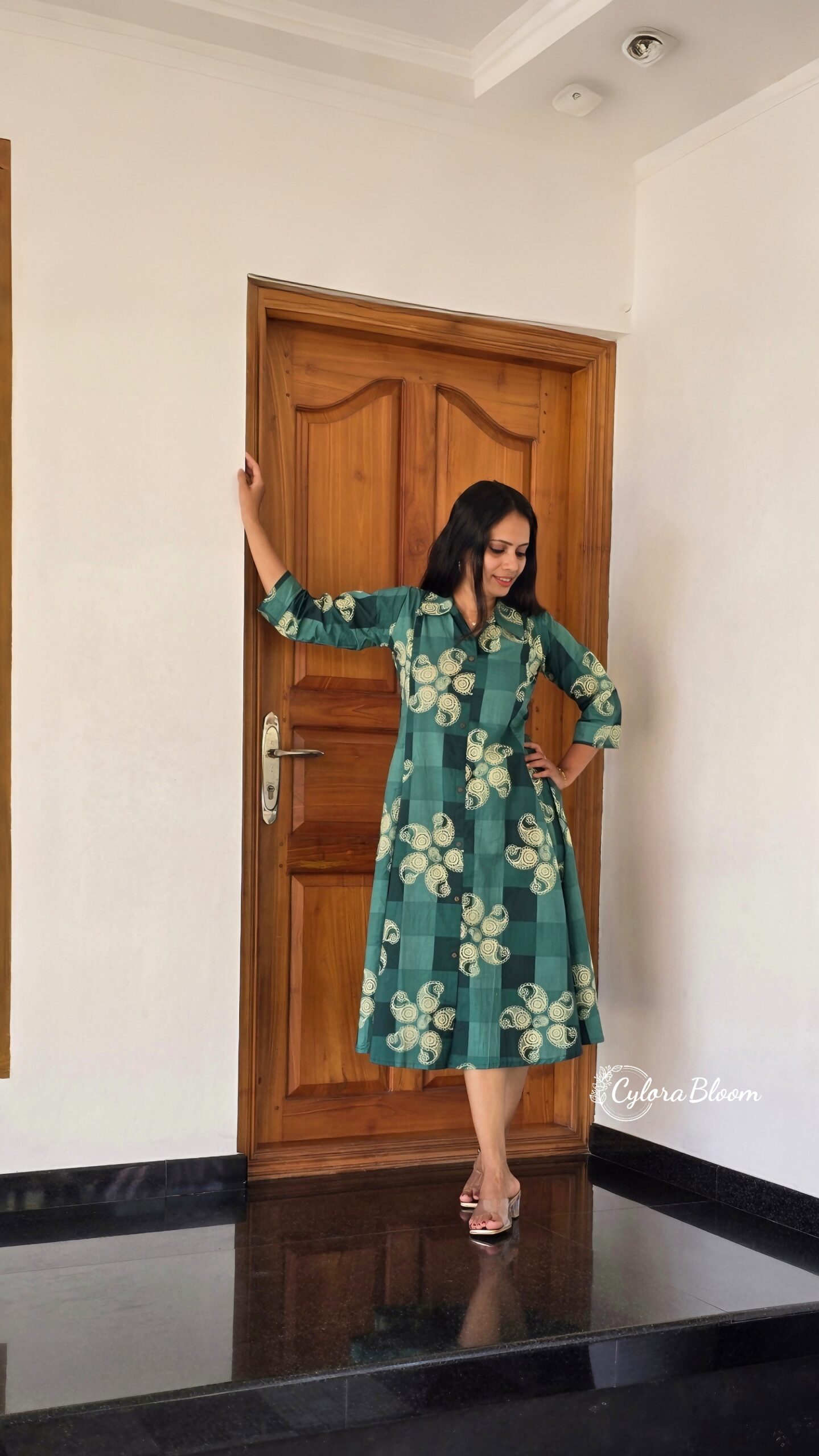 Green Printed Flared Cotton Kurti - Image 2