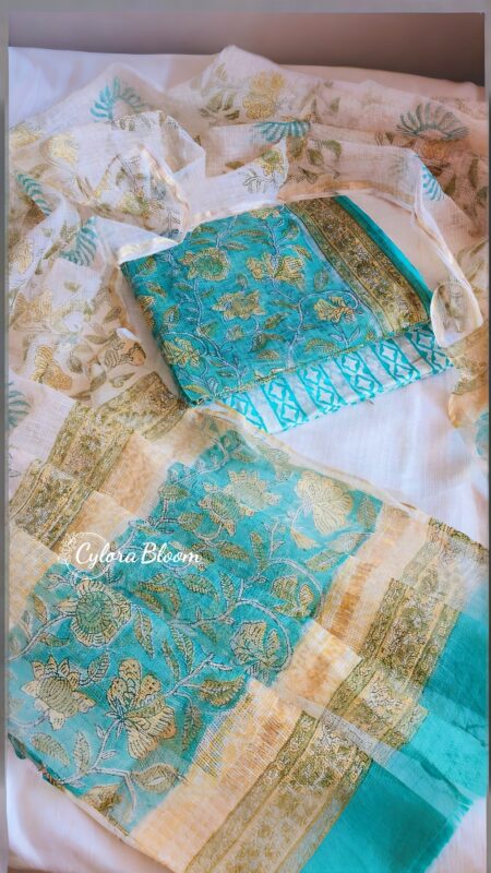 Aqua Garden Hand Block Printed Kota Doria Suit Set