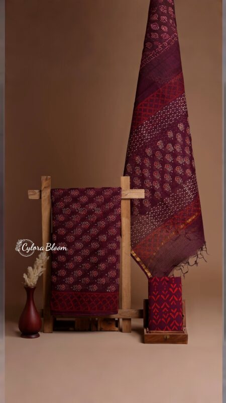 Royal Wine Hand Block Printed Kota Doria Suit Set