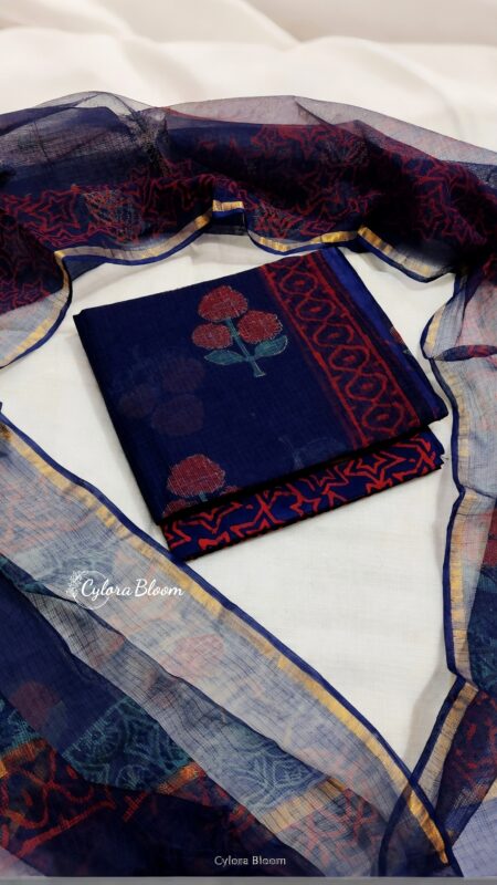 Navy Bloom Hand Block Printed Kota Doria Suit
