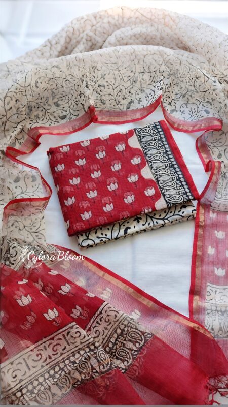 Brick Lotus Hand Block Printed Kota Doria Suit Set
