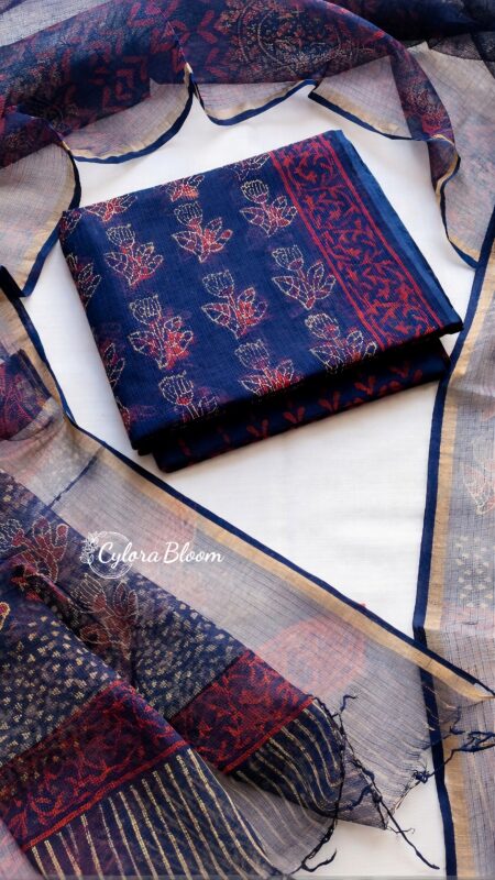 Midnight Lotus Hand Block Printed Kota Doria Suit Set