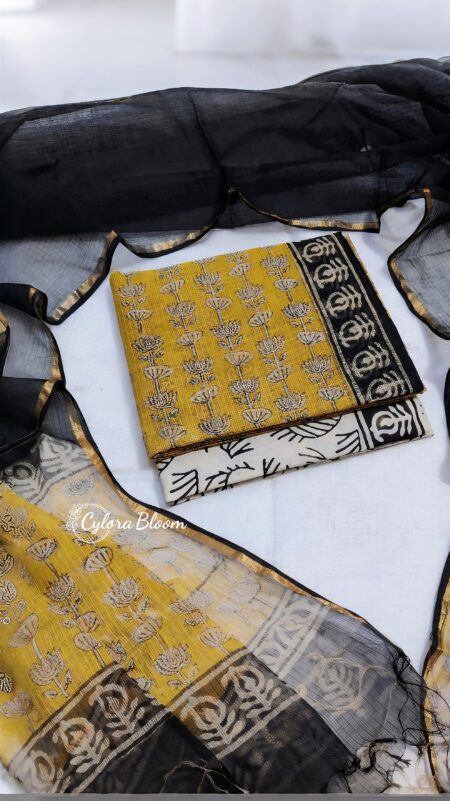 Golden Lotus Hand Block Printed Kota Doria Suit Set