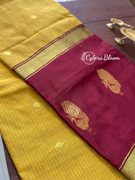 Maheshwari Cotton Silk Saree Mustard yellow and Maroon (Contrast)